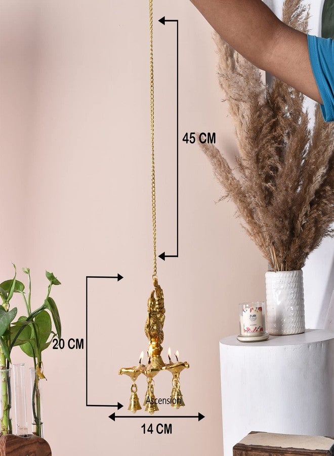 أسينشين مصباح ديا عتيق على شكل طاووس مع أجراس وسلسلة للمنزل، مصباح ديا معدني معلق للمعبد في ديوالي، غرفة بوجا، ديكور منزلي - Image 4